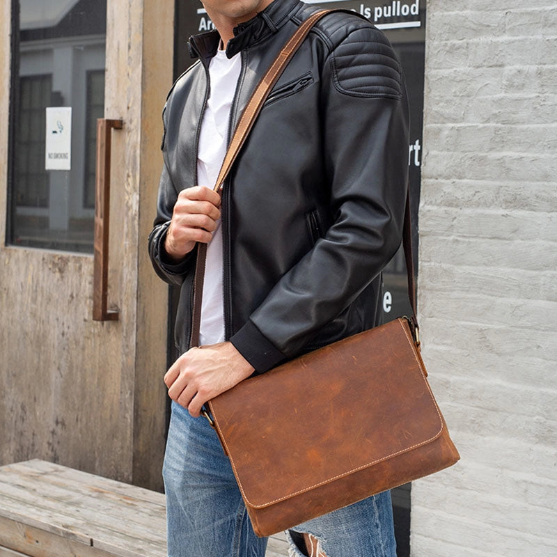 Crazy Horse Leather Men's Shoulder Bag Vintage Messenger Bags