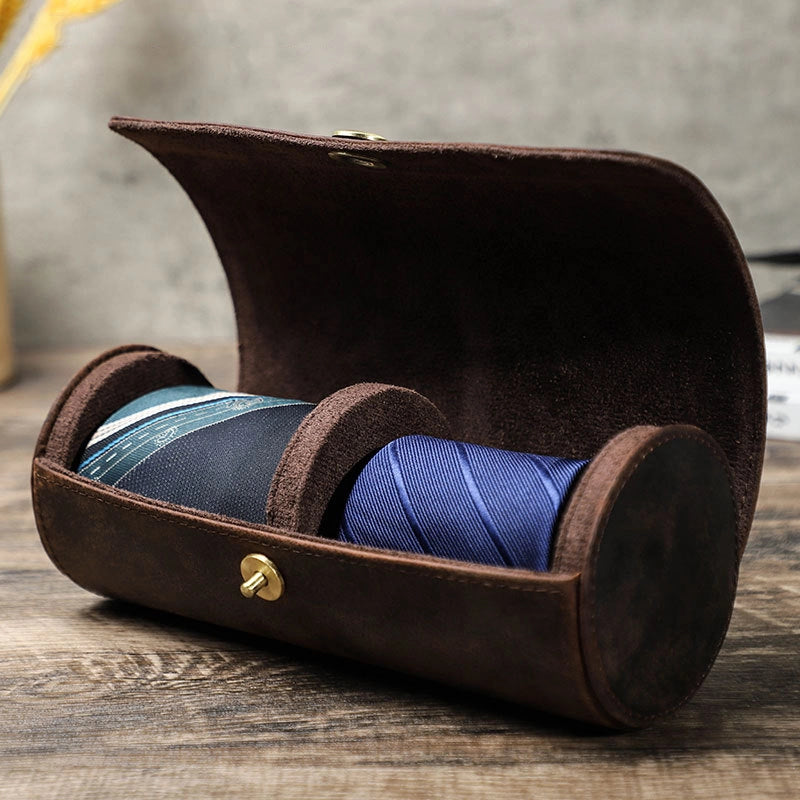 Vintage Leather Travel Tie Roll Case