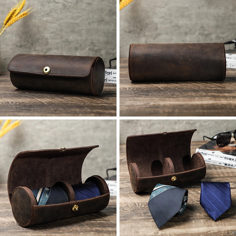 Vintage Leather Travel Tie Roll Case