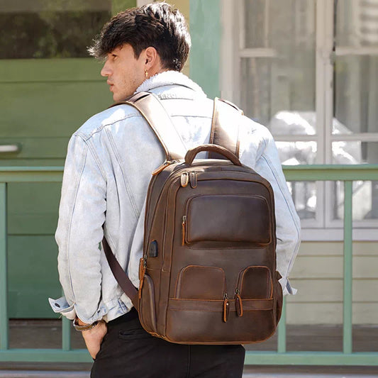 Genuine Leather Men Laptop Bag Travel Leather Backpack