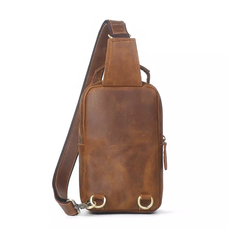 LANNSYNE Vintage Full Grain Leather Sling Bag Crossbody Chest Daypack